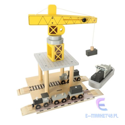 Dźwig drewniany żuraw port morski + statek auta