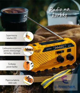 Radio przenośne Adler AD 1197 solarne turystyczne na korbkę biwakowe 3 sposoby ładowania latarka sygnał SOS 1200mAh