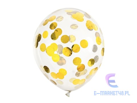 Balony transparentne z konfetti złote kółka 30cm 6 sztuk